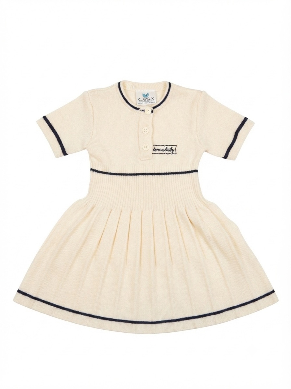 Cream Knit Fit-and-Flare Kids Dress with Navy Trim, Tennis dress, French